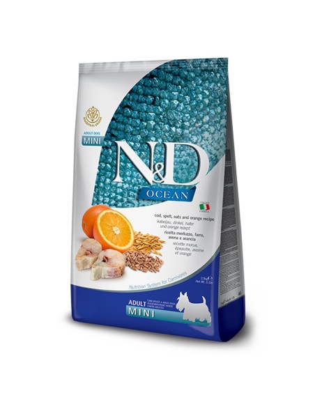 Farmina N&D Cane Adult Mini Merluzzo, Farro, Avena e Arancia 800 gr